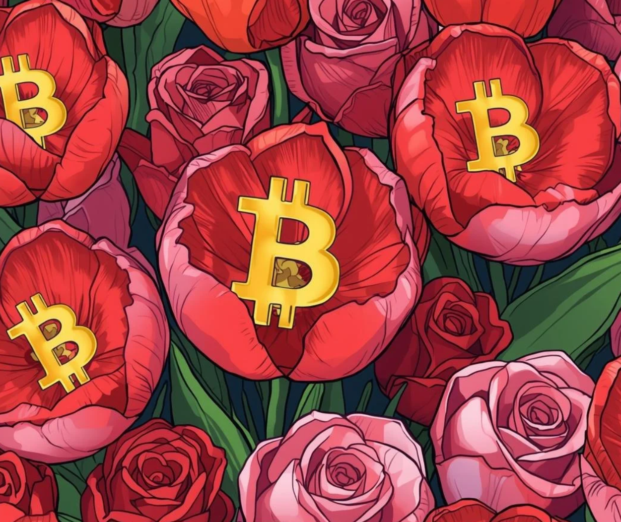 Bitcoin symbols blooming inside roses and tulips
