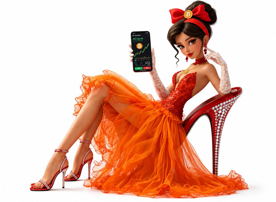 Lady ₿ — the Beloruchka™ muse holding a Bitcoin chart