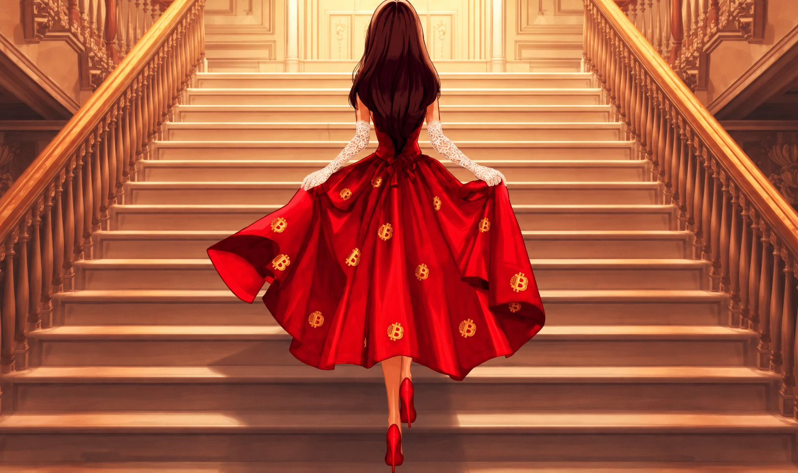A lady ascending a grand staircase, ₿itcoins gracing her gown